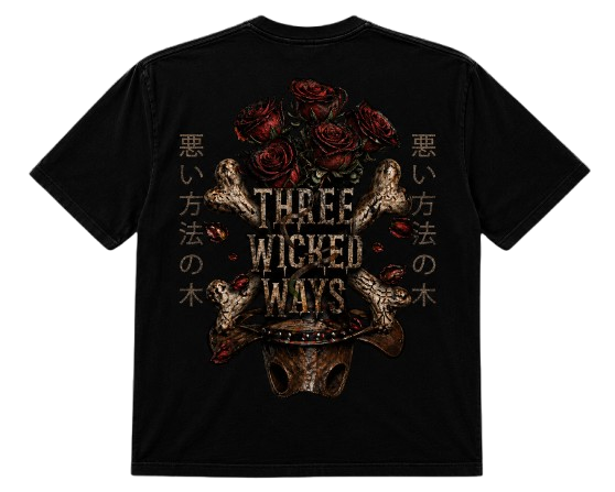 Back of Three Wicked Ways live show T-shirt